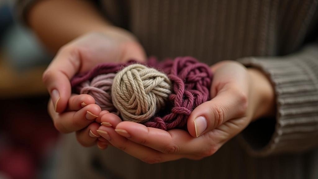 Close-up of hands holding soft yarn and fabric samples in a haberdashery shop, showing texture and quality materials